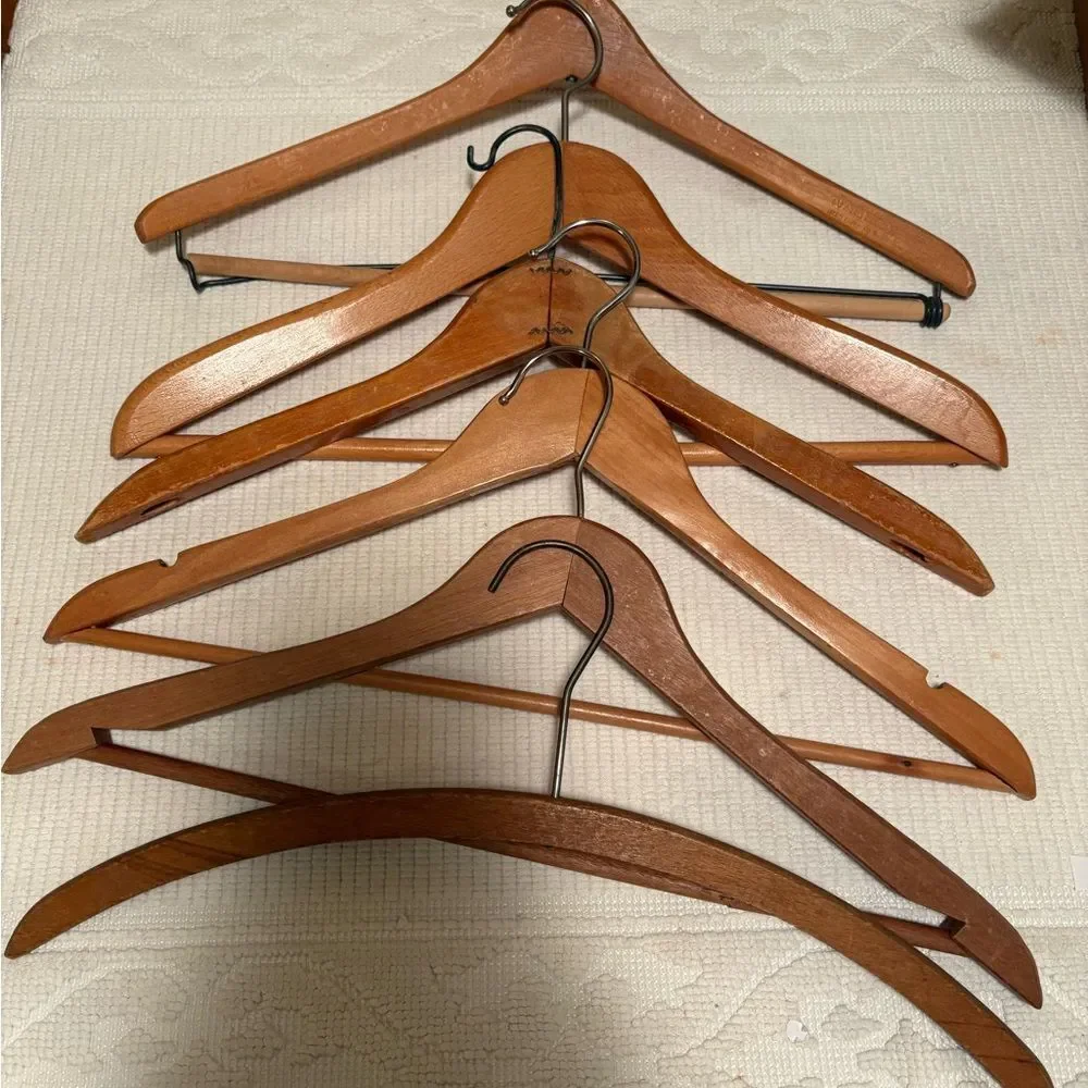 6 Vintage Wooden hangers metal some have dowels divets Antique wooden display